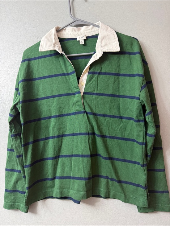 J. Crew Tops - J. Crew Green and Navy Striped Rugby Polo with White Collar small